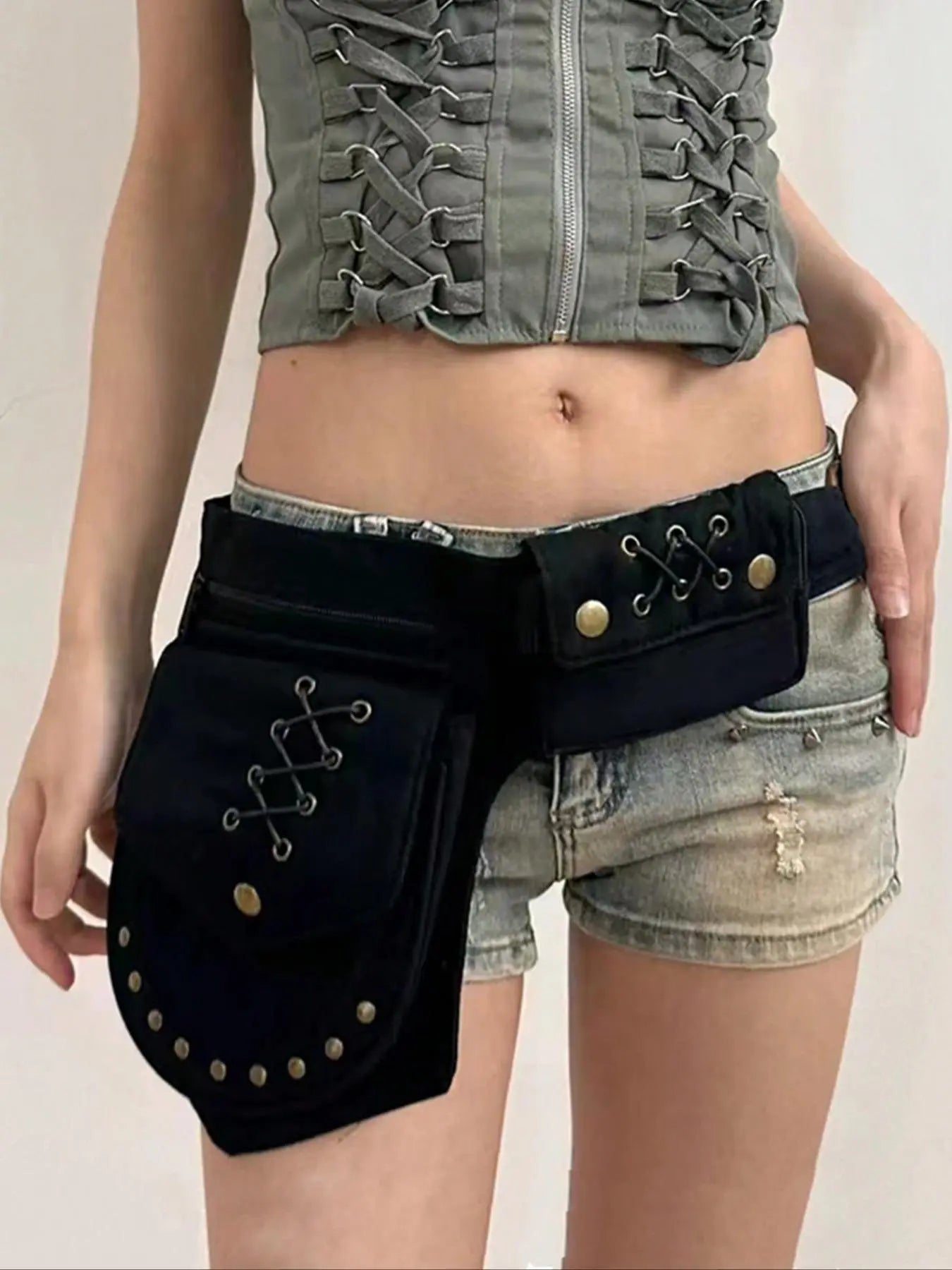 Women's Punk Style Rivet Embedded Fabric Leg Bag, Fashionable Outdoor Sports Running Bike Mountaineering Bag, Casual Versatile Zipper Leg Bag for Daily Used