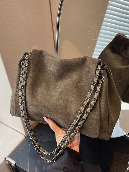 Retro Suede One-Shoulder Bag for Women, Casual Chain Shoulder Purse, Versatile Handbag for Daily Use and Commuting, Crossbody Bag, Messenger Bag