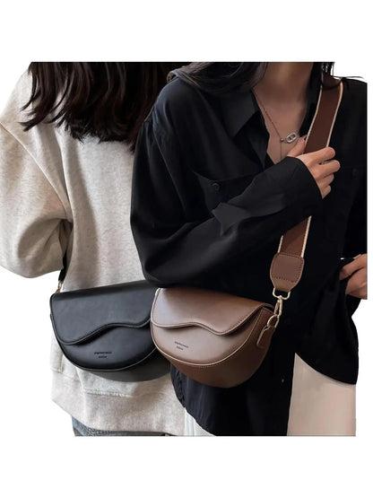 Women's Retro Solid Color Saddle Bag, Wide Shoulder Strap Messenger Bag, Fashionable Classic Popular Shoulder Bag, Crossbody Shoulder Bag, Everyday Crossbody Bag, Suitable for Daily Outing