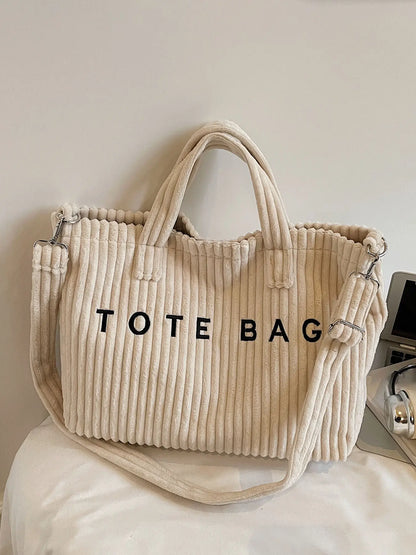 Retro Leisure Letter Embroidery Shoulder Tote Bag, Corduroy Ribbed Texture, Casual Top Handle & Crossbody Bag, Fashion Tote Bag, Fashionable Casual Bag, Suitable for Daily Commuting, Shopping Dating