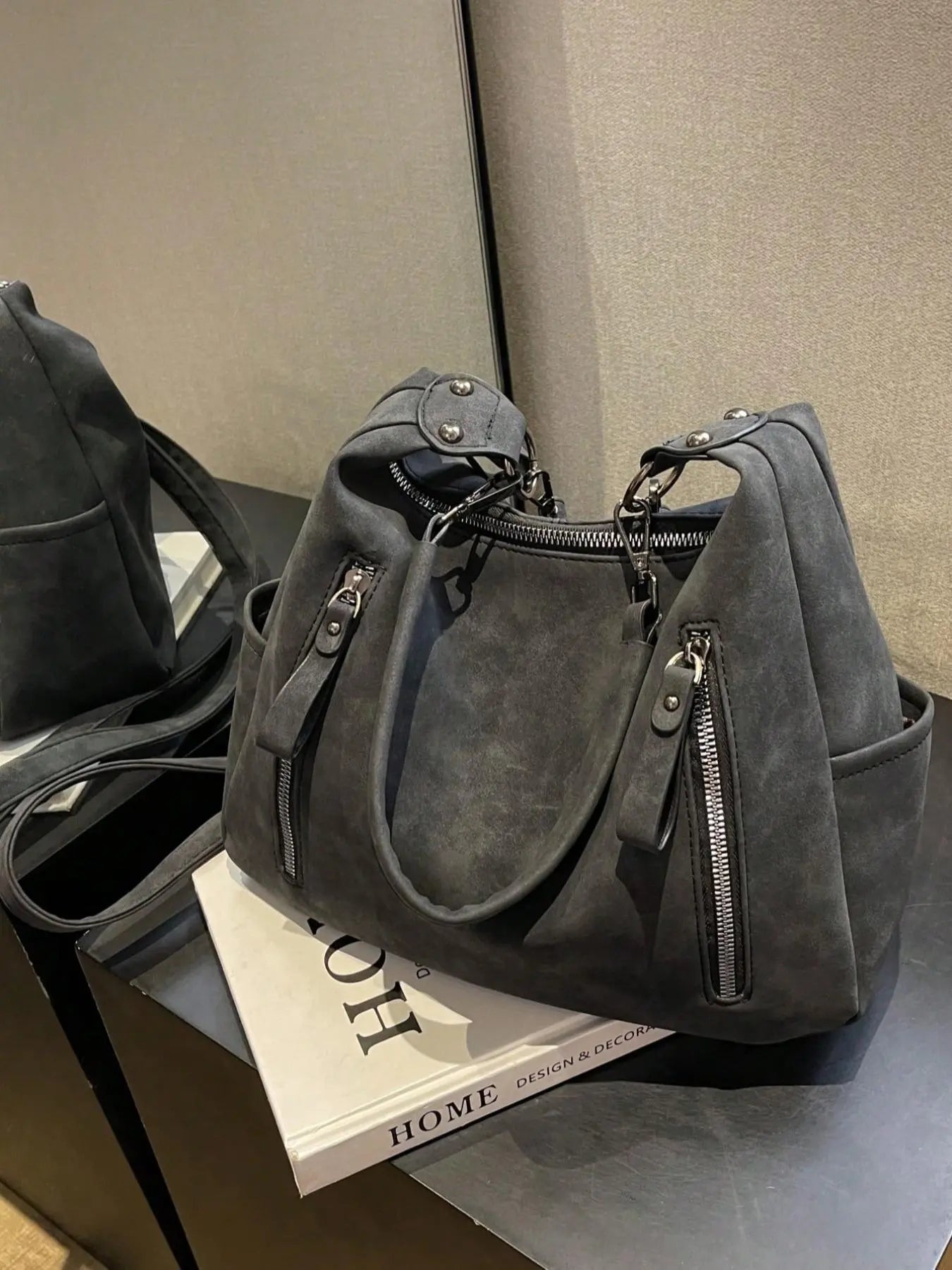 PU hobo bag solid color zipper large capacity college students novice white-collar office business commuting work bag Fashion Studded Decor Solid Color Zipper Shoulder Bag, Women's Trendy Chic Crossbody Bag Crossbody Handbag for School & Party