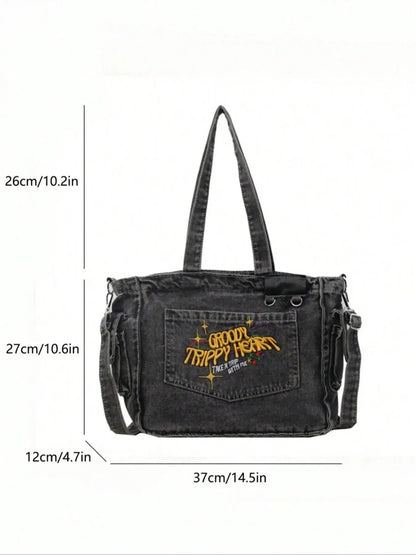 College student tote bag for girls large capacity denim trend new style one-shoulder crossbody handbag niche design backpack, college, outdoor, sports, travel, outing, shopping, vacation, vacation, fashion niche design, women bag
