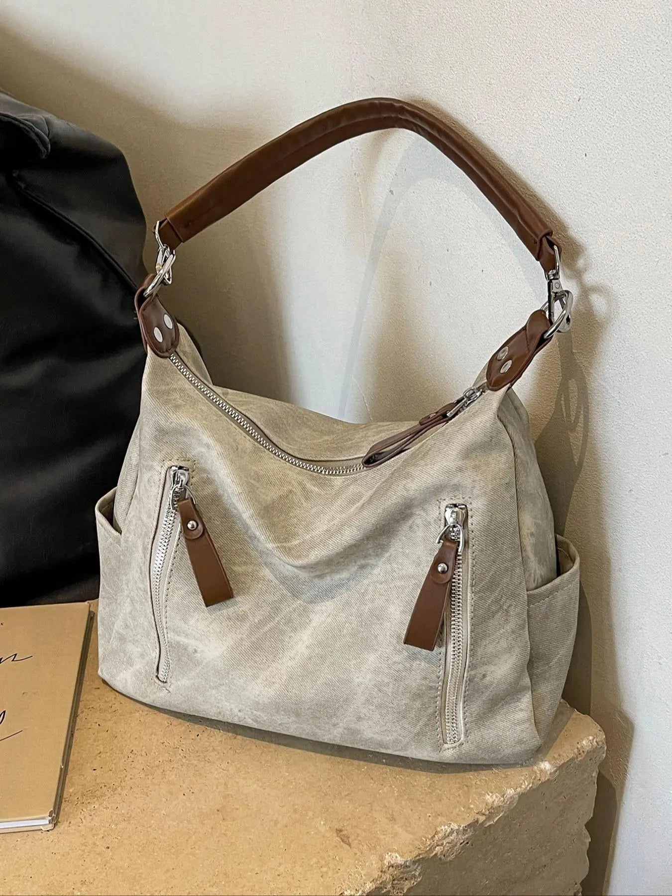 PU hobo bag solid color zipper large capacity college students novice white-collar office business commuting work bag Fashion Studded Decor Solid Color Zipper Shoulder Bag, Women's Trendy Chic Crossbody Bag Crossbody Handbag for School & Party