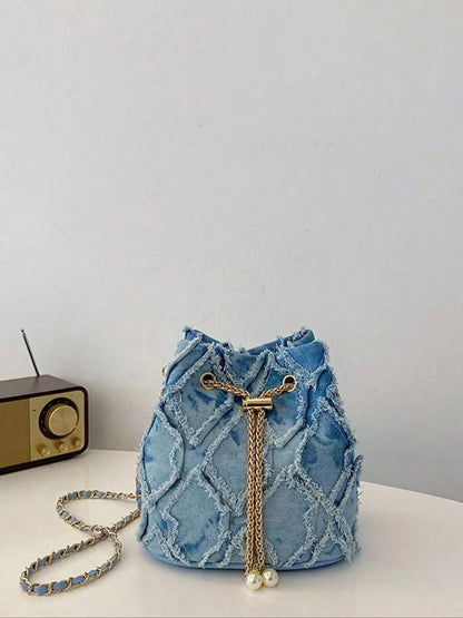 Women's Elegant Faux Pearl Decorated Crossbody Shoulder Bag, Exquisite Trendy Metal Drawstring Crossbody Bag, Fashionable Bag for Daily Use