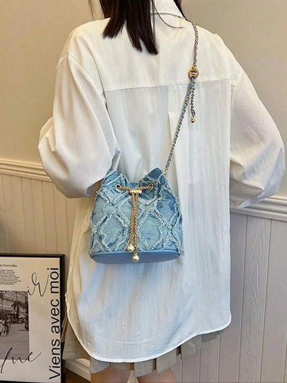 Women's Elegant Faux Pearl Decorated Crossbody Shoulder Bag, Exquisite Trendy Metal Drawstring Crossbody Bag, Fashionable Bag for Daily Use