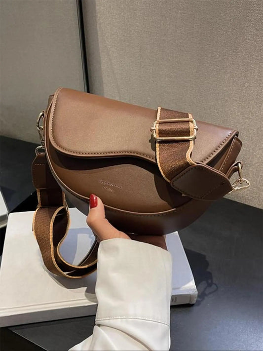 Women's Retro Solid Color Saddle Bag, Wide Shoulder Strap Messenger Bag, Fashionable Classic Popular Shoulder Bag, Crossbody Shoulder Bag, Everyday Crossbody Bag, Suitable for Daily Outing