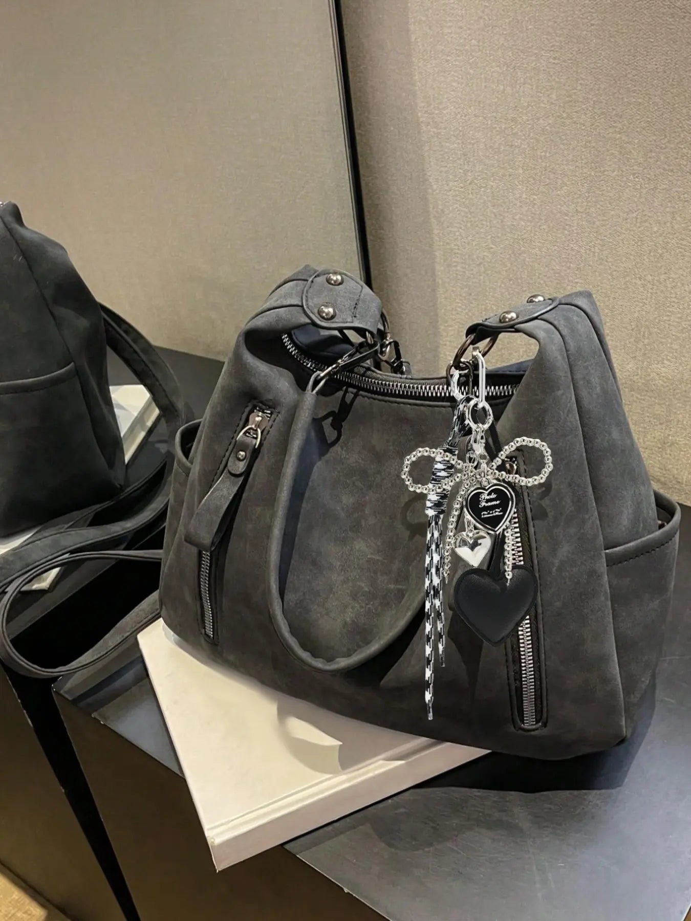 PU hobo bag solid color zipper large capacity college students novice white-collar office business commuting work bag Fashion Studded Decor Solid Color Zipper Shoulder Bag, Women's Trendy Chic Crossbody Bag Crossbody Handbag for School & Party