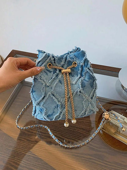 Women's Elegant Faux Pearl Decorated Crossbody Shoulder Bag, Exquisite Trendy Metal Drawstring Crossbody Bag, Fashionable Bag for Daily Use