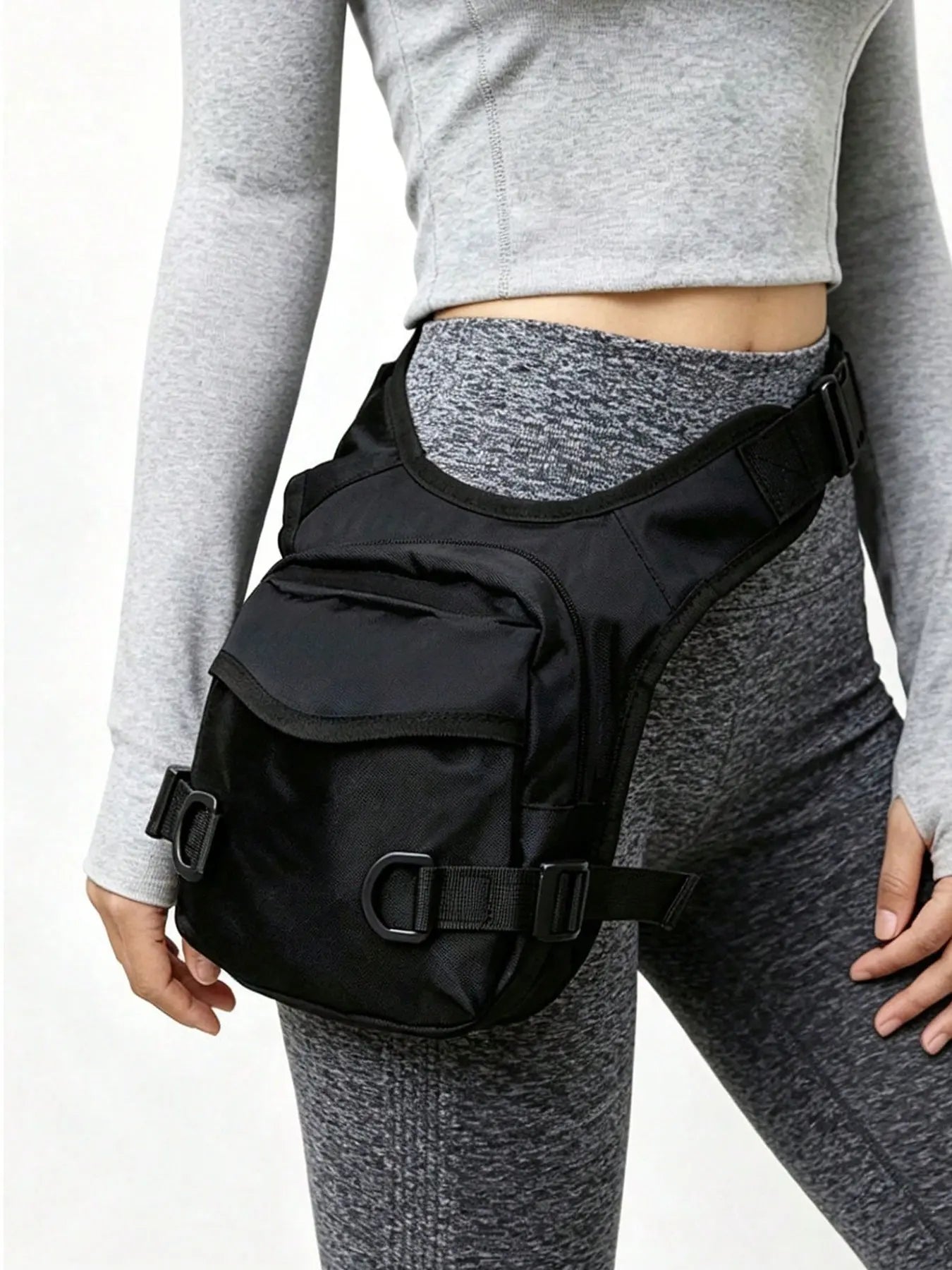 Women's Punk Style Rivet Embedded Fabric Leg Bag, Fashionable Outdoor Sports Running Bike Mountaineering Bag, Casual Versatile Zipper Leg Bag for Daily Used