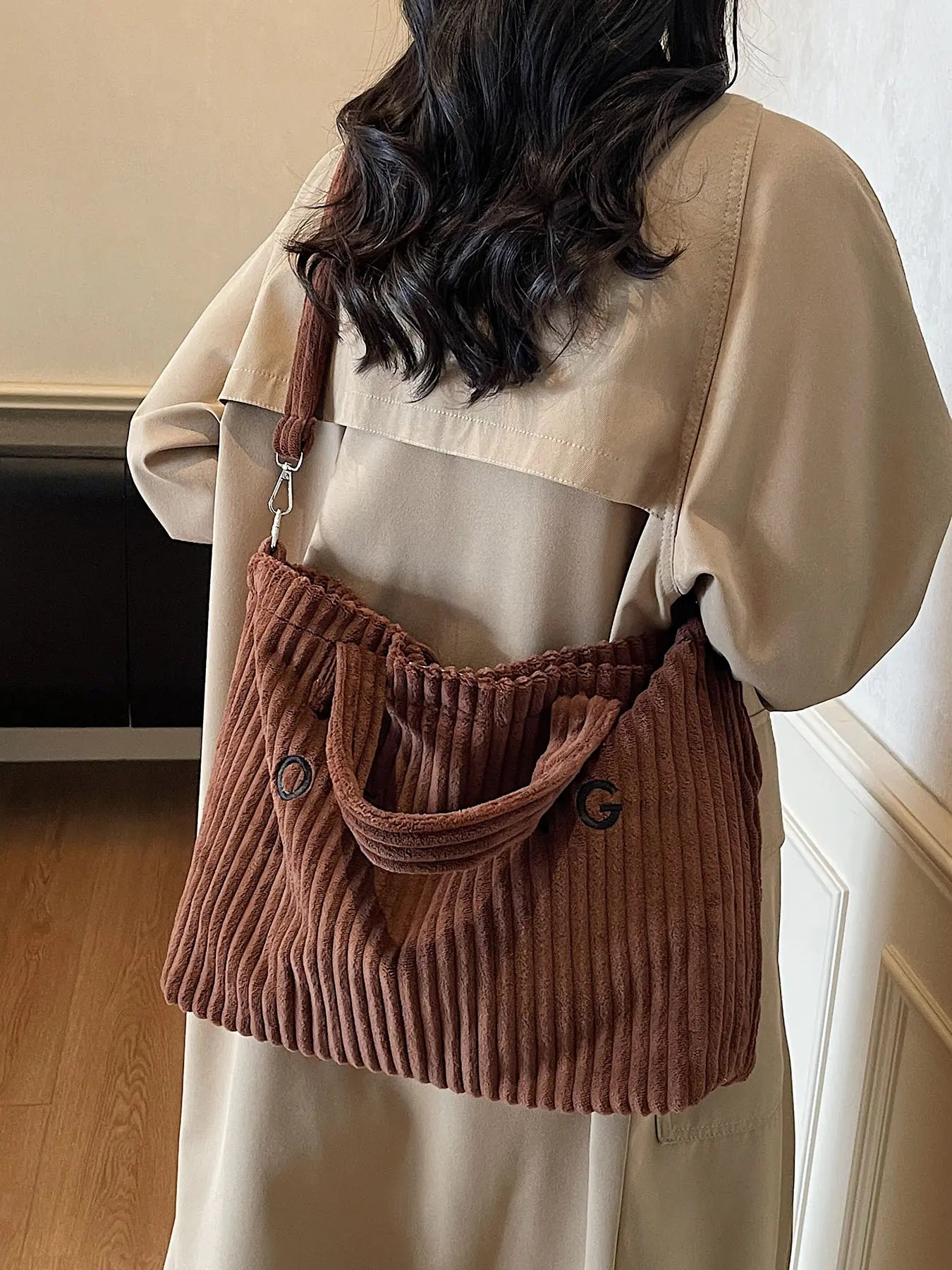 Retro Leisure Letter Embroidery Shoulder Tote Bag, Corduroy Ribbed Texture, Casual Top Handle & Crossbody Bag, Fashion Tote Bag, Fashionable Casual Bag, Suitable for Daily Commuting, Shopping Dating