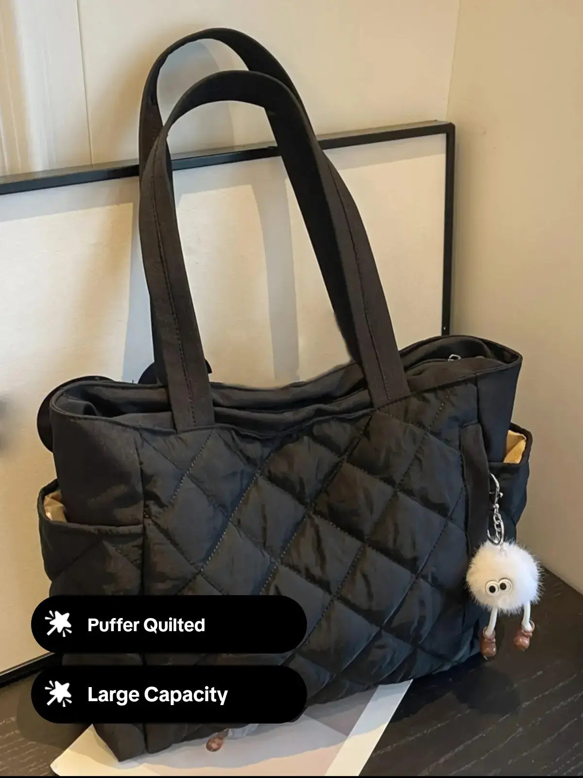 Women's Solid Color Puffer Quilted Design Shoulder Bag with Pom Pom Charm, Fashionable Large Capacity Tote Bag for Daily Used, Casual Commuter Bag, Casual Trendy Versatile High-quality Daily Commuting Bag