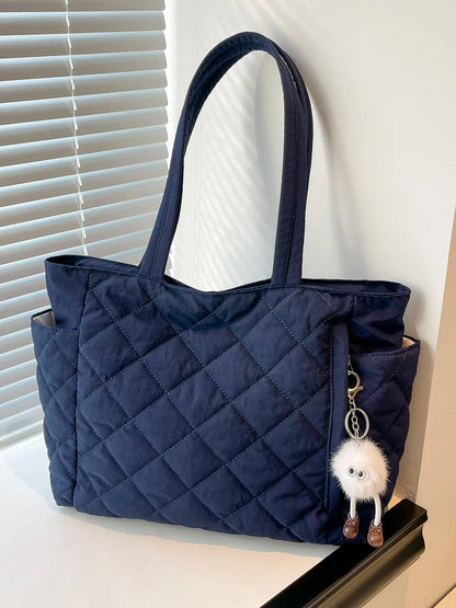 Women's Solid Color Puffer Quilted Design Shoulder Bag with Pom Pom Charm, Fashionable Large Capacity Tote Bag for Daily Used, Casual Commuter Bag, Casual Trendy Versatile High-quality Daily Commuting Bag