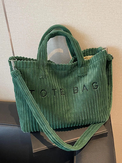 Retro Leisure Letter Embroidery Shoulder Tote Bag, Corduroy Ribbed Texture, Casual Top Handle & Crossbody Bag, Fashion Tote Bag, Fashionable Casual Bag, Suitable for Daily Commuting, Shopping Dating