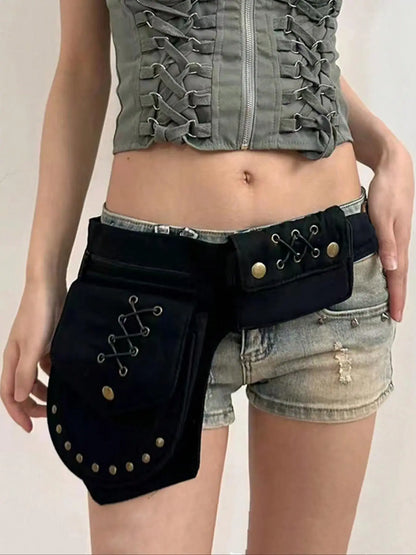 Women's Punk Style Rivet Embedded Fabric Leg Bag, Fashionable Outdoor Sports Running Bike Mountaineering Bag, Casual Versatile Zipper Leg Bag for Daily Used