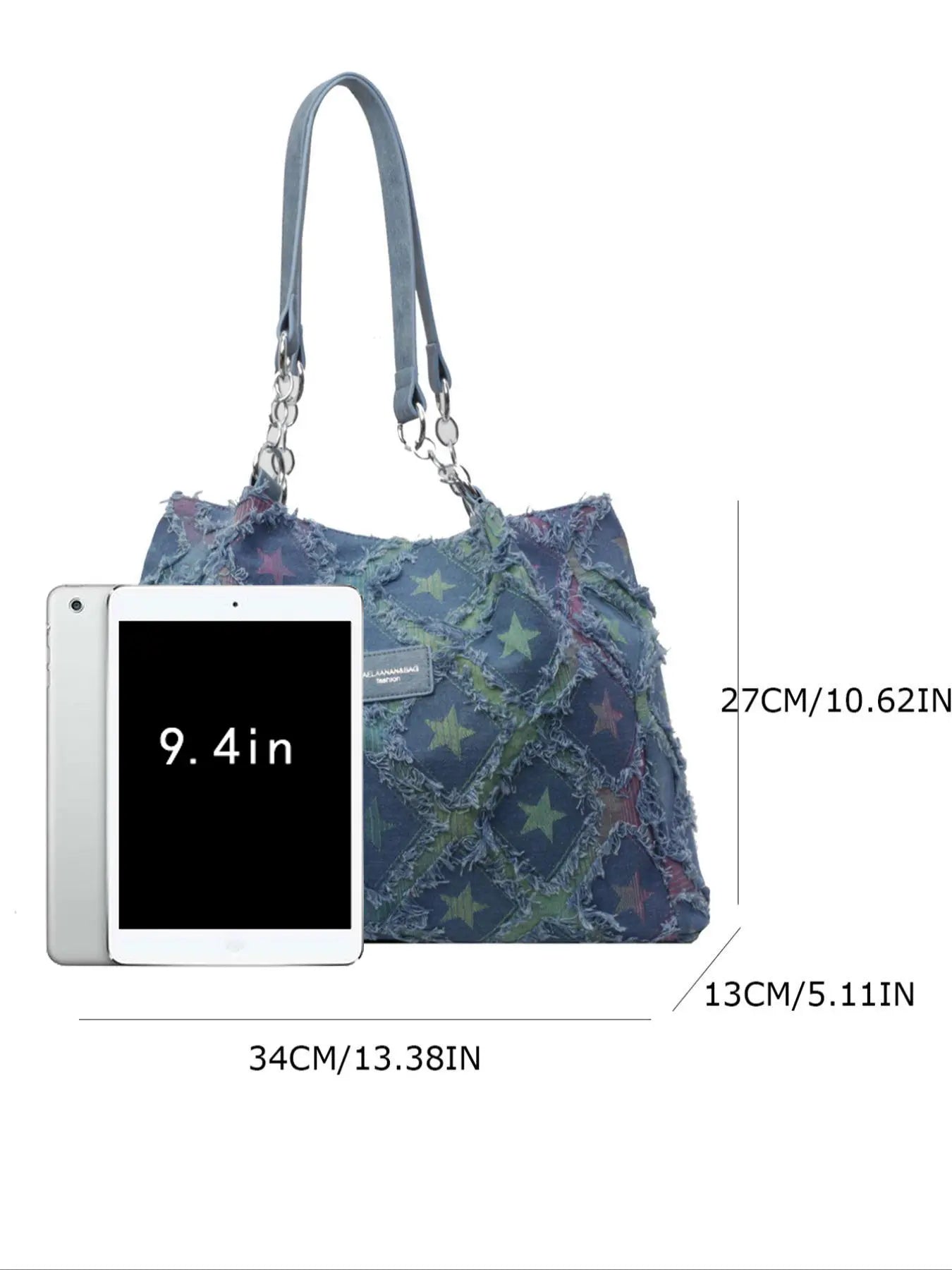 Women's Star Pattern Frayed-Trim Denim Tote Bag, Denim Handbag Tote, Large Capacity Distressed Shoulder Bag for Dating, Classes & Shopping, Stylish Rhombus Commuting Bag, Fashionable Patterned Bag, Casual Commuter Bag