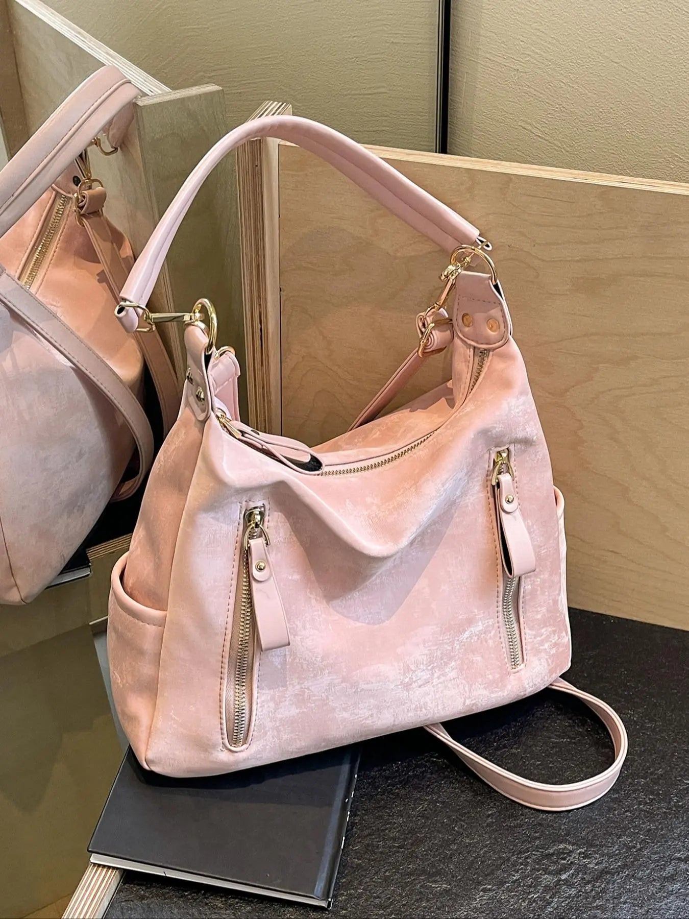 PU hobo bag solid color zipper large capacity college students novice white-collar office business commuting work bag Fashion Studded Decor Solid Color Zipper Shoulder Bag, Women's Trendy Chic Crossbody Bag Crossbody Handbag for School & Party