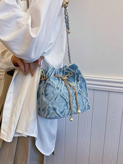 Women's Elegant Faux Pearl Decorated Crossbody Shoulder Bag, Exquisite Trendy Metal Drawstring Crossbody Bag, Fashionable Bag for Daily Use