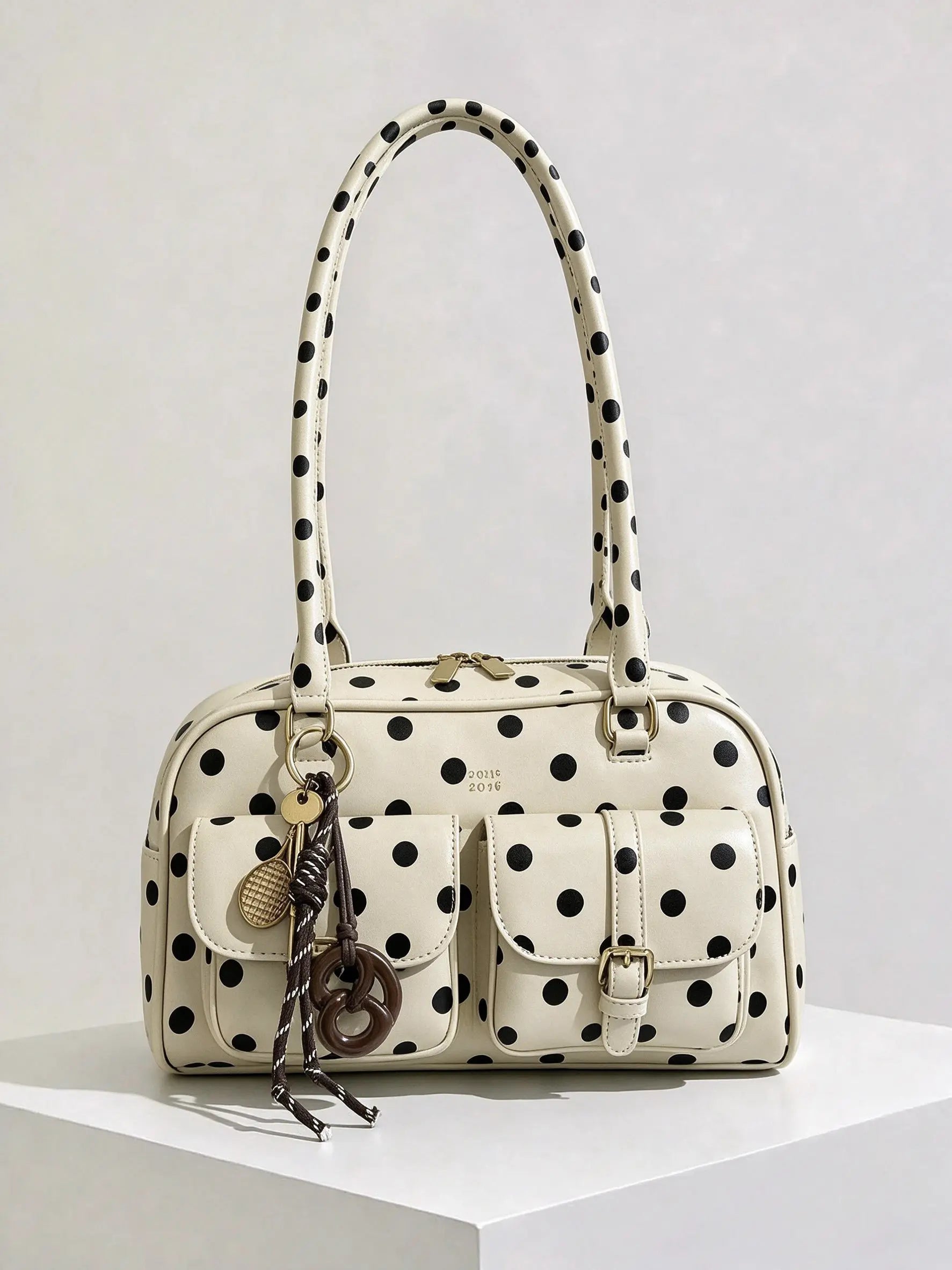 Retro style double pocket handbag, fashionable underarm shoulder bag with pendant, simple and versatile single shoulder baguette bag, niche design suitable for college students, office workers daily commuting, etc.