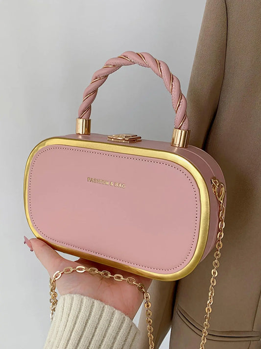 Women's Fashion Buckle Twisted Top Handle Chain Strap Crossbody Bag, Minimalist Letter Detail Metallic Trim Versatile Box Bag, Casual Shoulder Bag, Casual Crossbody Bags