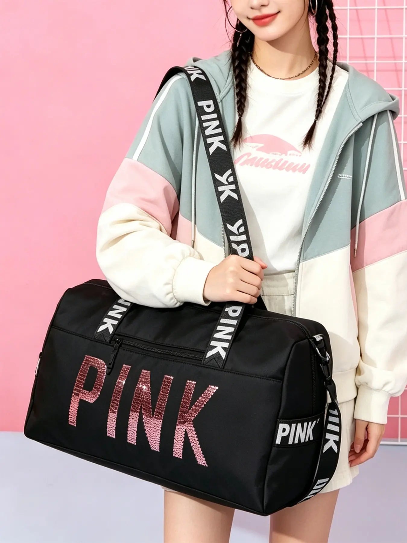 Fitness Bag with Shoe Compartment, Stylish Letter-Print Large-Capacity Lightweight Crossbody Gym Bag, Multifunctional Shoulder Bag