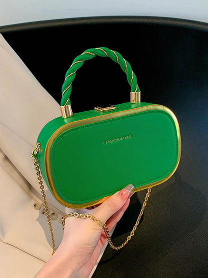 Women's Fashion Buckle Twisted Top Handle Chain Strap Crossbody Bag, Minimalist Letter Detail Metallic Trim Versatile Box Bag, Casual Shoulder Bag, Casual Crossbody Bags