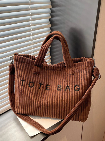 Retro Leisure Letter Embroidery Shoulder Tote Bag, Corduroy Ribbed Texture, Casual Top Handle & Crossbody Bag, Fashion Tote Bag, Fashionable Casual Bag, Suitable for Daily Commuting, Shopping Dating