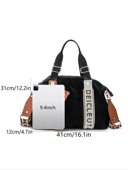 Women's Elegant Rhinestone Letter Decor Tote Bag, PU Leather Satchel, Trendy Vintage Large Capacity Shoulder Everyday Bag for Women, All-match Crossbody Bag for Daily Use, Fashionable Bags, Stylish Versatile Bag