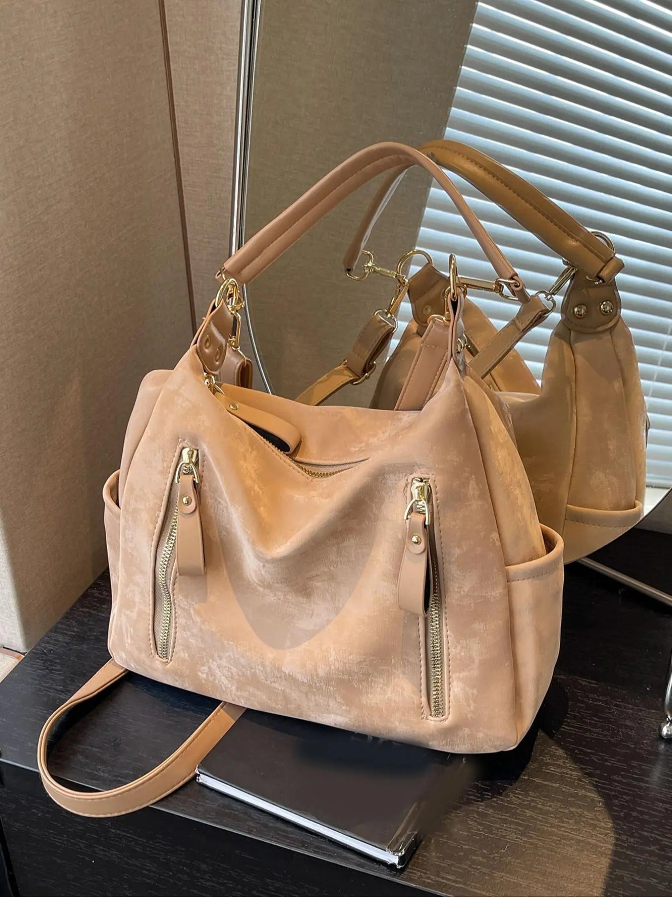 PU hobo bag solid color zipper large capacity college students novice white-collar office business commuting work bag Fashion Studded Decor Solid Color Zipper Shoulder Bag, Women's Trendy Chic Crossbody Bag Crossbody Handbag for School & Party