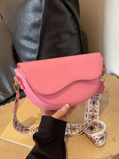 Women's Retro Solid Color Saddle Bag, Wide Shoulder Strap Messenger Bag, Fashionable Classic Popular Shoulder Bag, Crossbody Shoulder Bag, Everyday Crossbody Bag, Suitable for Daily Outing