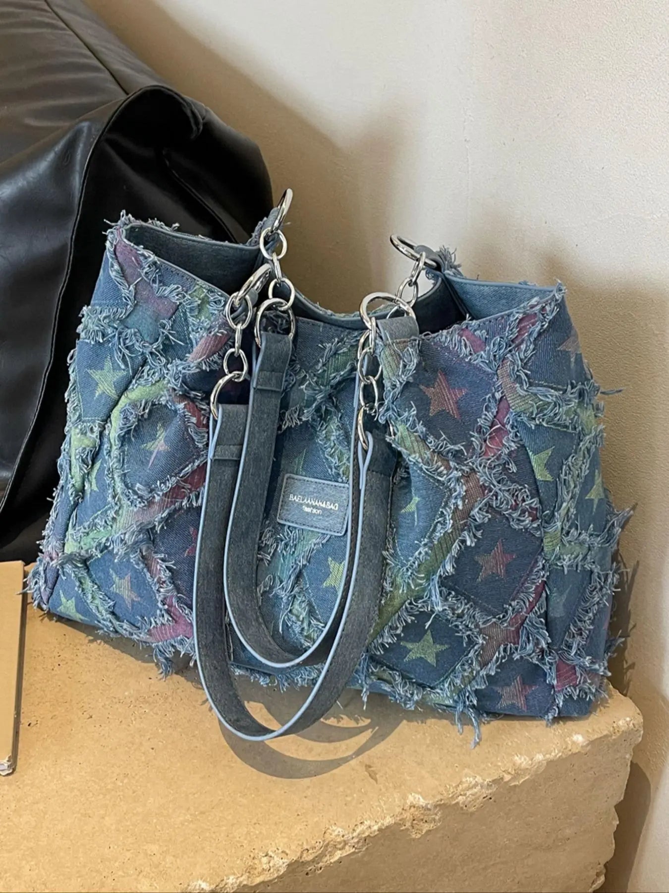 Women's Star Pattern Frayed-Trim Denim Tote Bag, Denim Handbag Tote, Large Capacity Distressed Shoulder Bag for Dating, Classes & Shopping, Stylish Rhombus Commuting Bag, Fashionable Patterned Bag, Casual Commuter Bag