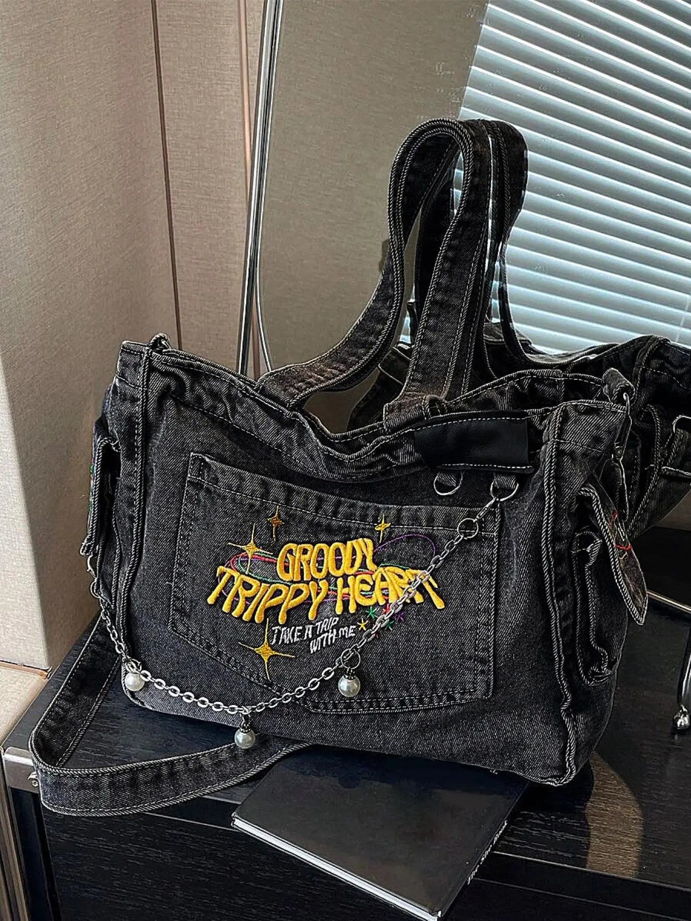 College student tote bag for girls large capacity denim trend new style one-shoulder crossbody handbag niche design backpack, college, outdoor, sports, travel, outing, shopping, vacation, vacation, fashion niche design, women bag