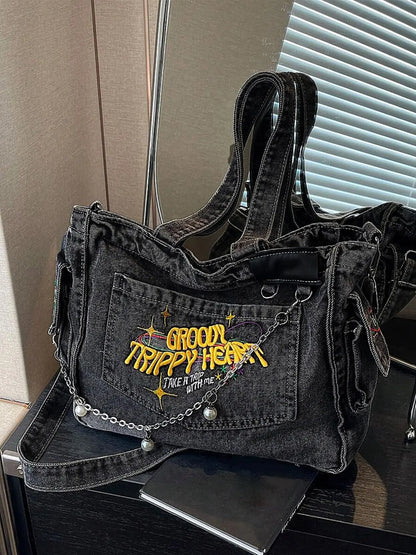 College student tote bag for girls large capacity denim trend new style one-shoulder crossbody handbag niche design backpack, college, outdoor, sports, travel, outing, shopping, vacation, vacation, fashion niche design, women bag