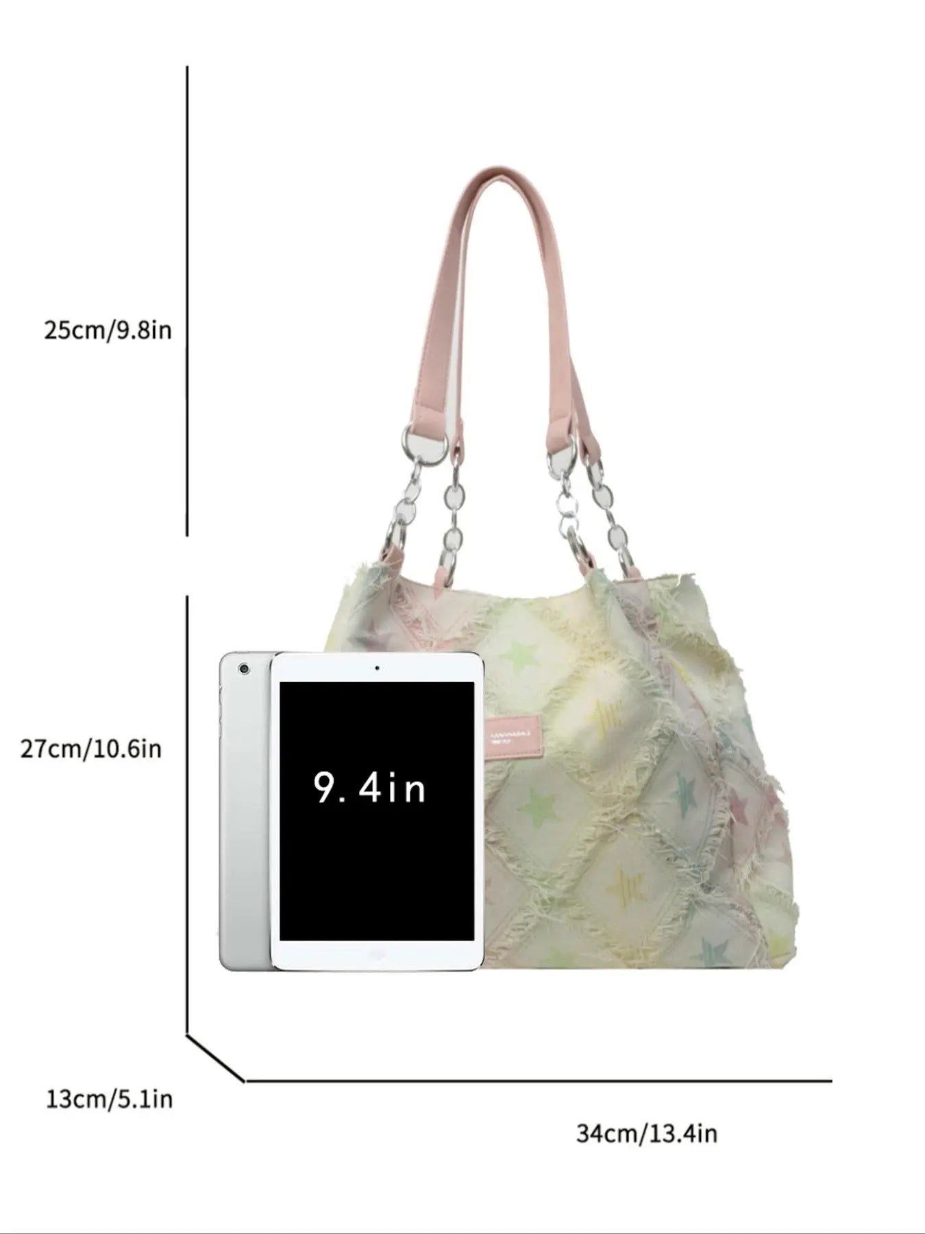 Women's Star Pattern Frayed-Trim Denim Tote Bag, Denim Handbag Tote, Large Capacity Distressed Shoulder Bag for Dating, Classes & Shopping, Stylish Rhombus Commuting Bag, Fashionable Patterned Bag, Casual Commuter Bag